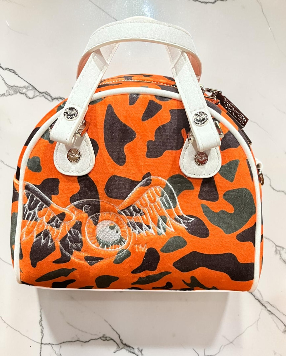 Von Dutch Women’s Orange Camo Mini Satchel Handbag Rhinestone Logo NWT